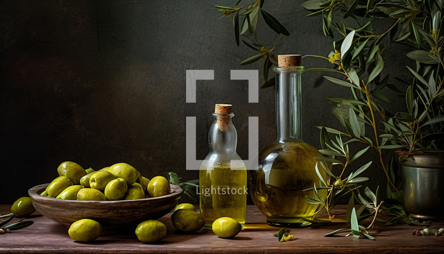 Olives, olive oil bottles, and various ingredients, inspiring culinary creativity with olive oil.