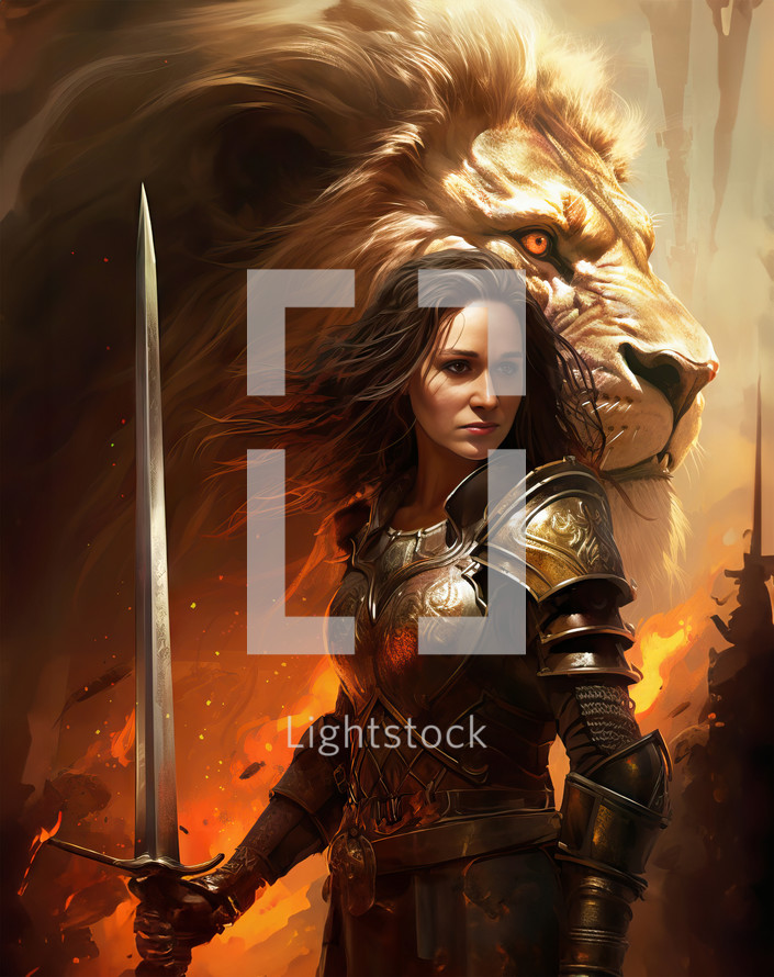 Woman in armor with lion