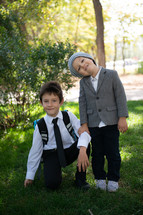 Portrait of brothers on the first day of school 