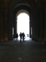arch, archway, entryway, columns, historic, building, under, interior, people, silhouettes, sunlight, doorway, hall