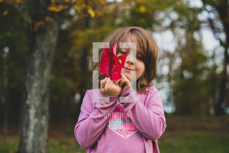 child holding a fall leaf 