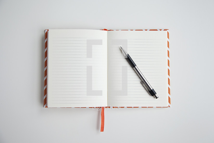 pen on the blank pages of an open journal 