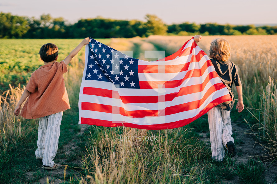 Cute Little Boys - American Patriot Kids Running With National Flag On Open Area