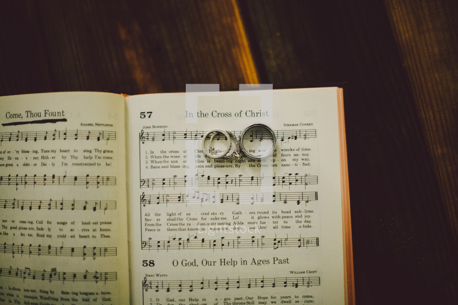 Wedding bands on the pages of a hymnal. 