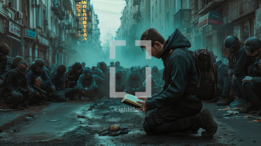 Unity in Prayer, Faith Beyond Destruction. Man reading the Bible in the street during war.