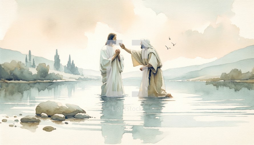 Jesus is baptized by John the Baptist in the Jordan River. Digital painting.
