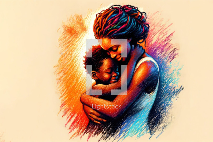  African American mother with her baby in her arms. Colorful digital painting.