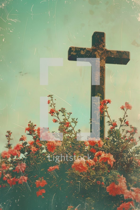 Cross with red flowers in the field, retro toned image.