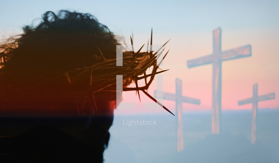 Jesus Christ Portrait with crown of thorns and Three Crosses On Calvary Hill