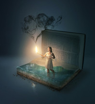 A woman in a Bible with heart shaped smoke.