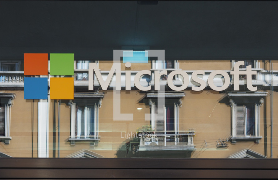 MILAN, ITALY - CIRCA APRIL 2018: Microsoft sign on the windows of Italian headquarters