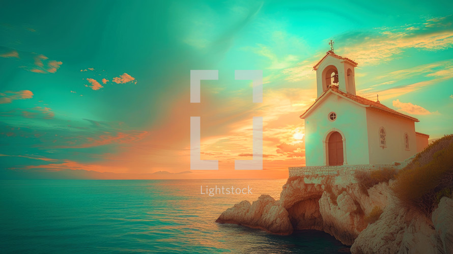 Beautiful seascape with a church on the rock at sunset.

