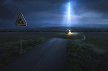 star of Bethlehem lighting the way to a stable and road sign 