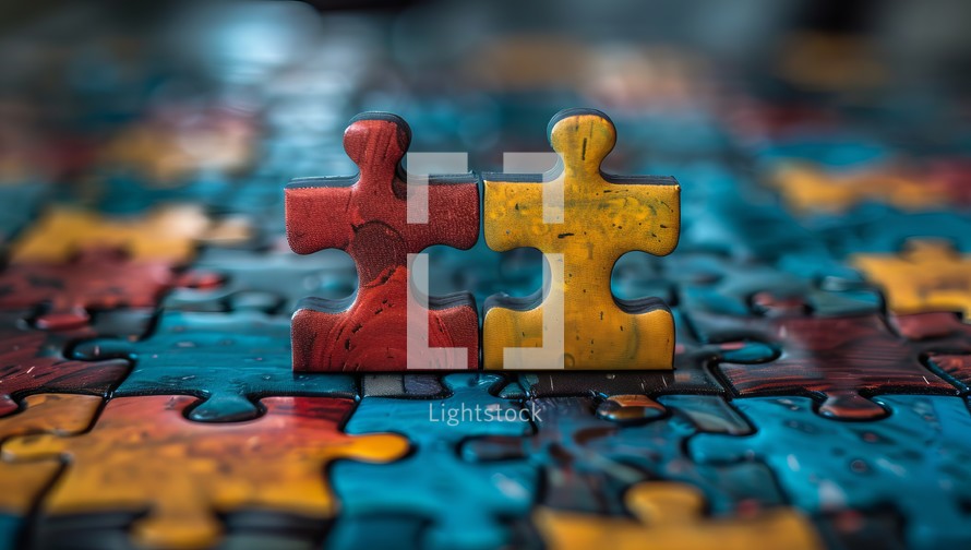 Colorful jigsaw puzzle pieces on wooden background. Close up.