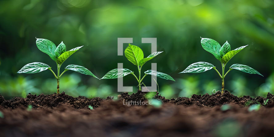 Green seedling growing in soil on nature background. New life concept