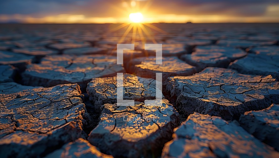 Dry cracked earth at sunset. Global warming and climate change concept