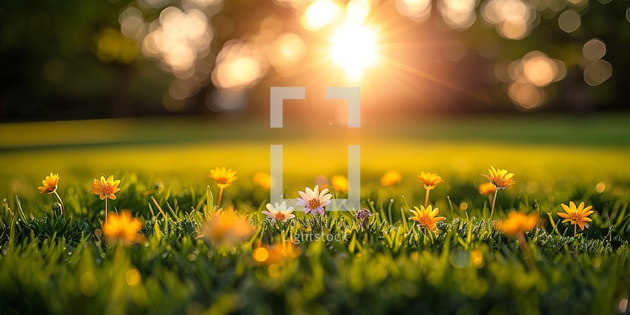 Beautiful spring flowers in the garden with sunlight and bokeh