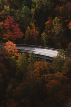 aerial view over a road through a fall forest 