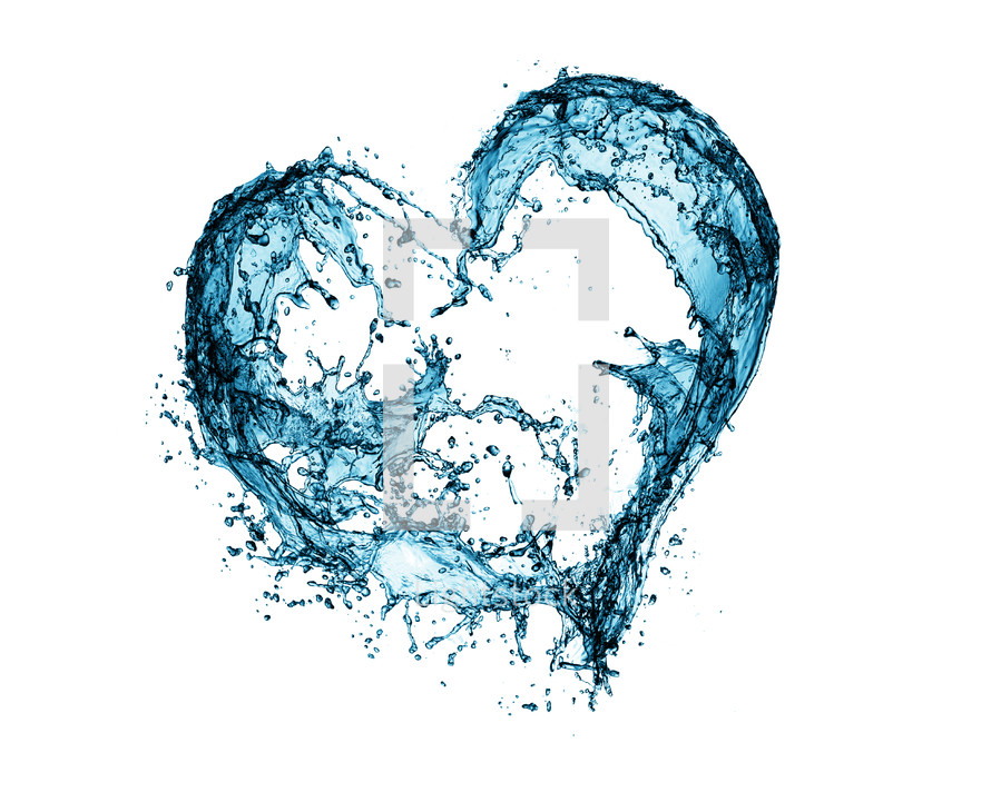 Water splashes into the shape of a heart on a white background.