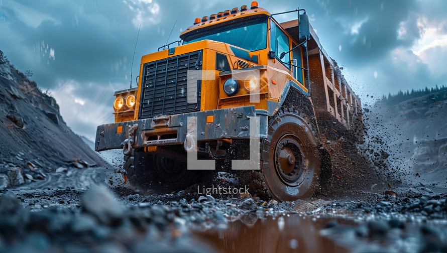 Large mining truck swiftly transports ore in a vast open pit mine.
