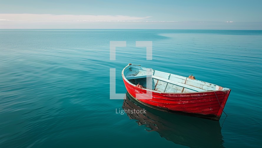  Red fishing boat floats on calm blue sea under clear sky