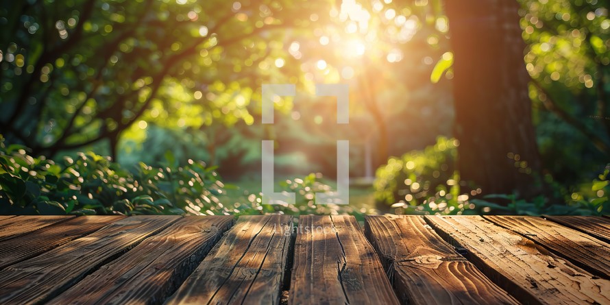 Wooden table in the garden with sunlight and bokeh background