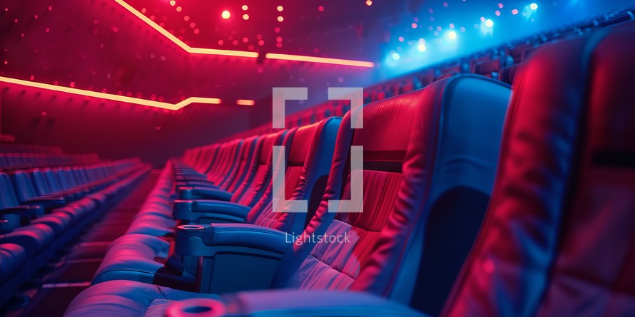  Empty cinema auditorium with plush red seats under blue starry lights