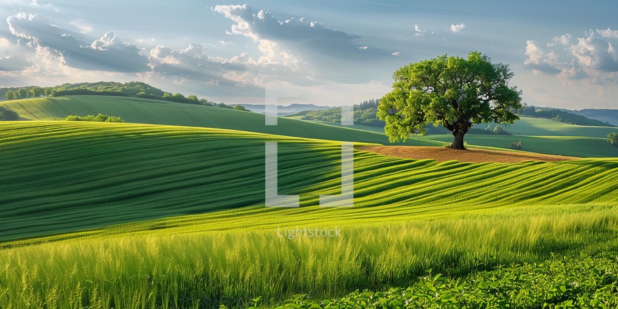  Breathtaking view of lush rolling green fields under a clear blue sky with a solitary robust tree