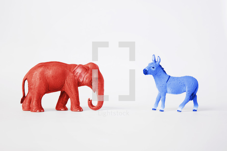 A red Republican elephant and a blue Democratic donkey.