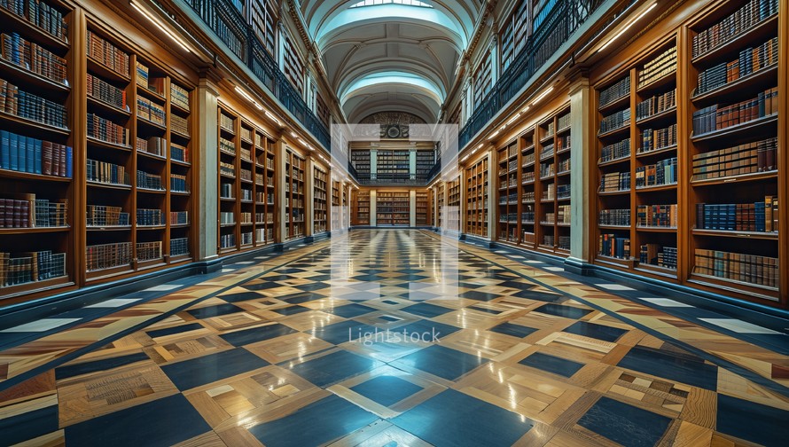 Interior of the library with rows of books.