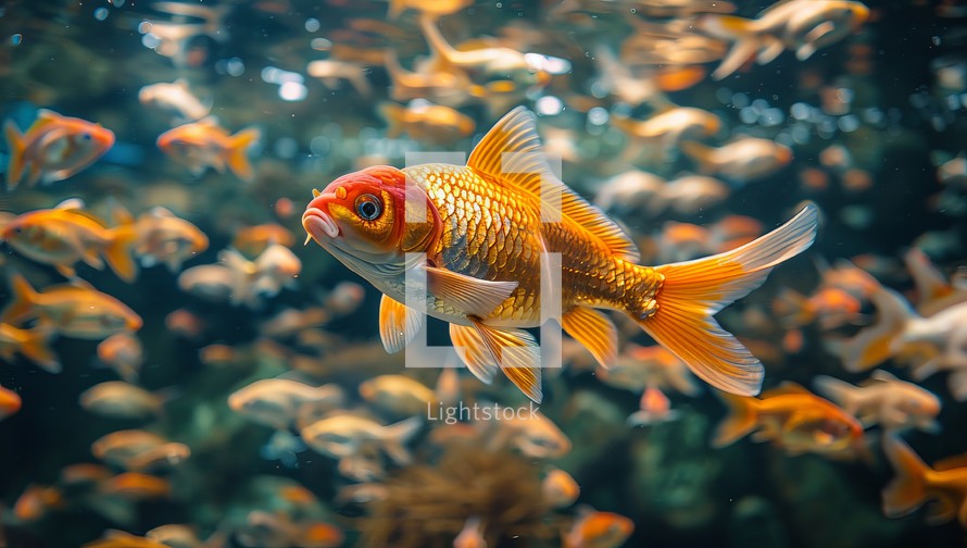 Beautiful Goldfish swimming in the water. Underwater world.