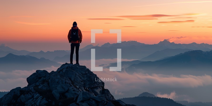 Silhouette of a man standing on top of a mountain and looking at the sunrise