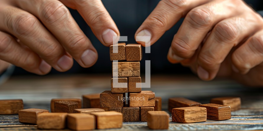  Businessman carefully protecting wooden blocks on table