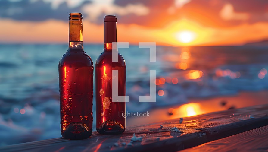 Two bottles of wine on the background of the sea and sunset.