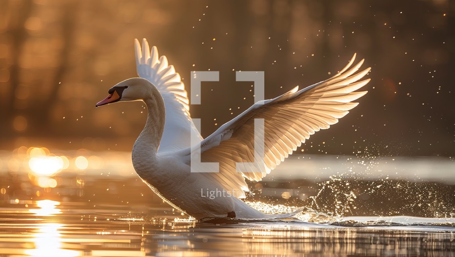 Swan takes flight during the golden hour