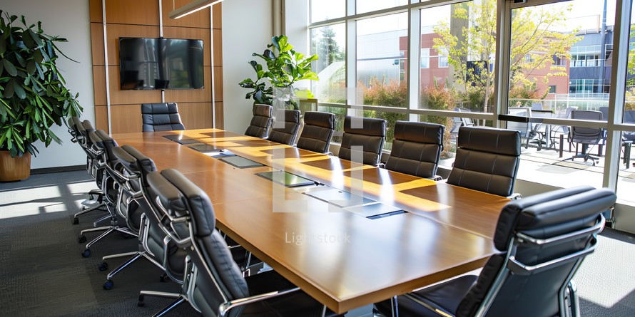 Interior of a modern conference room with chairs and tables. Nobody inside