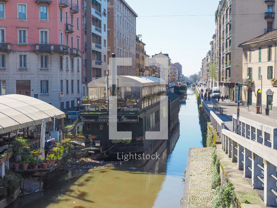 MILAN, ITALY - MARCH 28, 2015: Naviglio canal waterway in Milan Italy