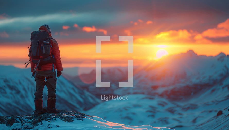 Hiker on the top of a mountain with a backpack and looking at the sunset