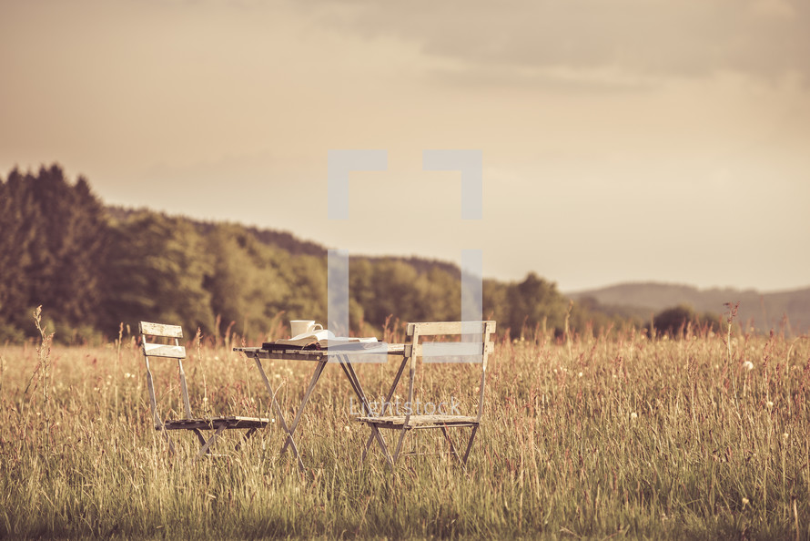 table and chair set in a field 