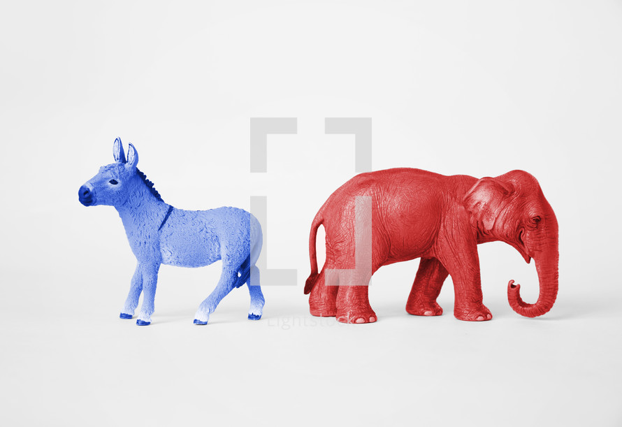 Blue Democratic donkey and red Republican elephant.