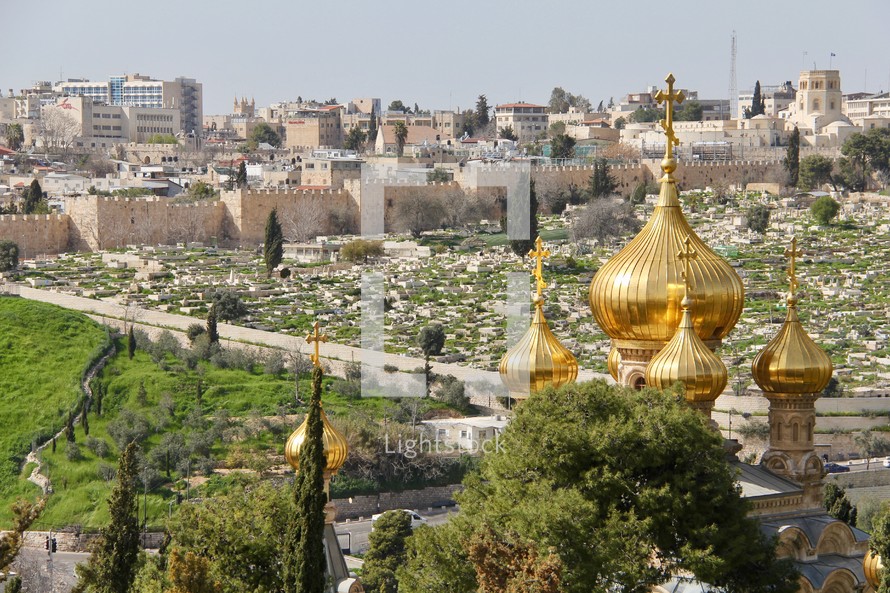 The Walls around the Old City of Jerusalem with Russian Orthodox Church in Foreground