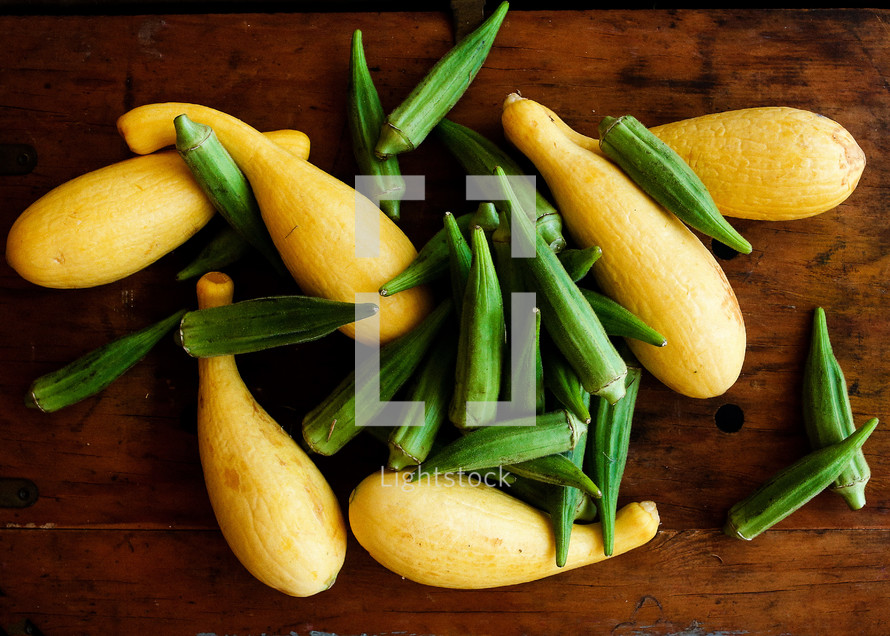 squash and okra on a table 