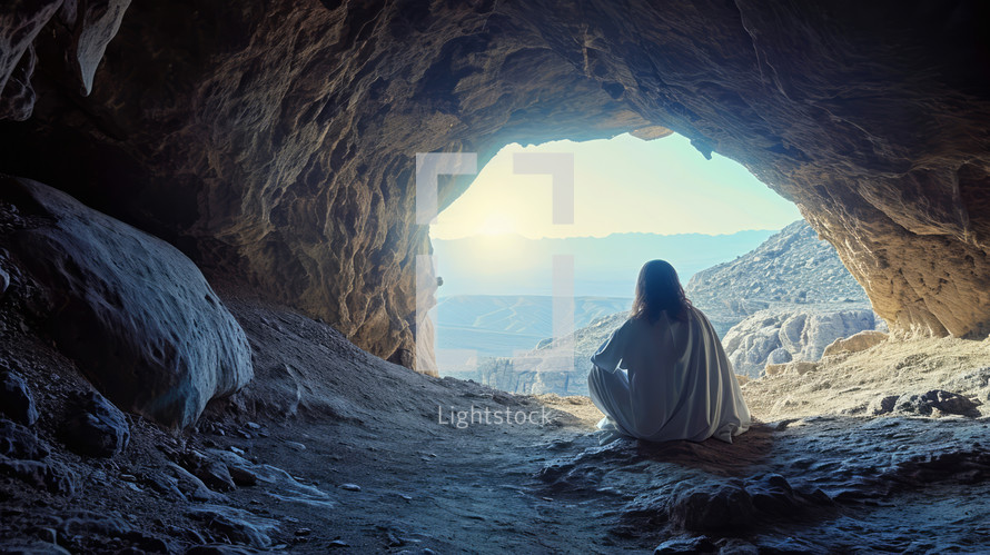 Resurrection. Jesus Christ sitting in the burial cave.