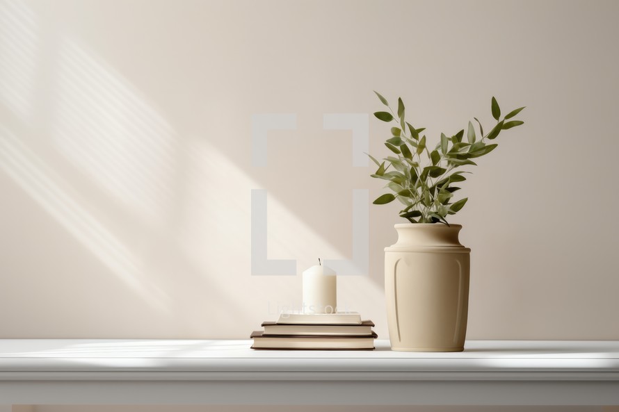 Home interior. Ceramic vase with eucalyptus branches and books on table. White wall background. Copy space.