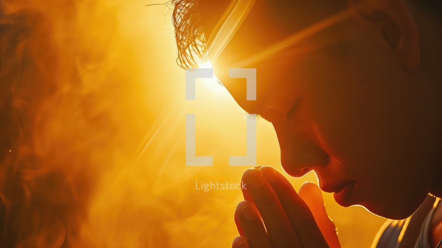 Young man praying in the rays of the rising sun. Religion concept.
