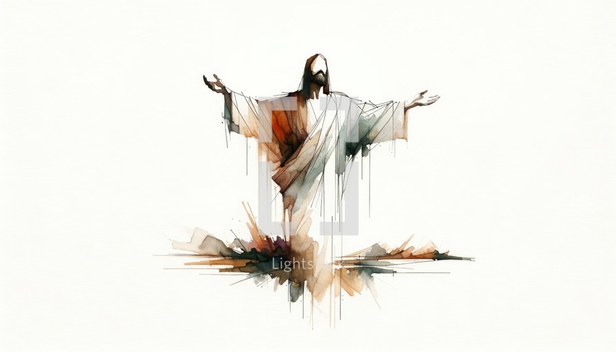 Jesus Christ in worship isolated on white background. Digital watercolor painting. 