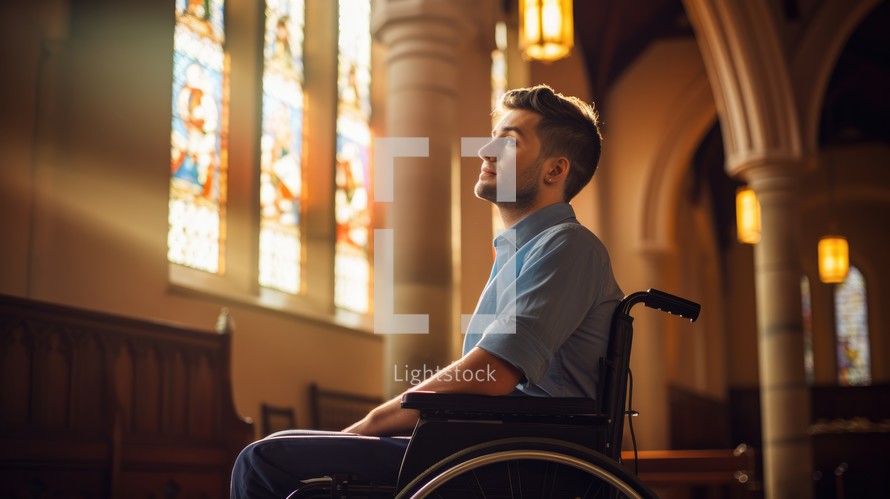 Young man in wheelchair in church interior. Selective focus on man