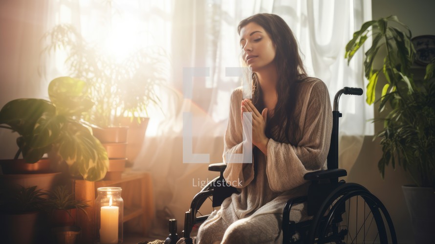 Young woman in a wheelchair praying at home in a boho interior