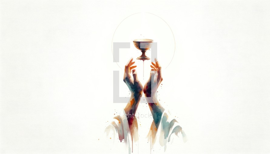 Eucharist. Corpus Christi. Hands holding the sacred host. Digital painting.

