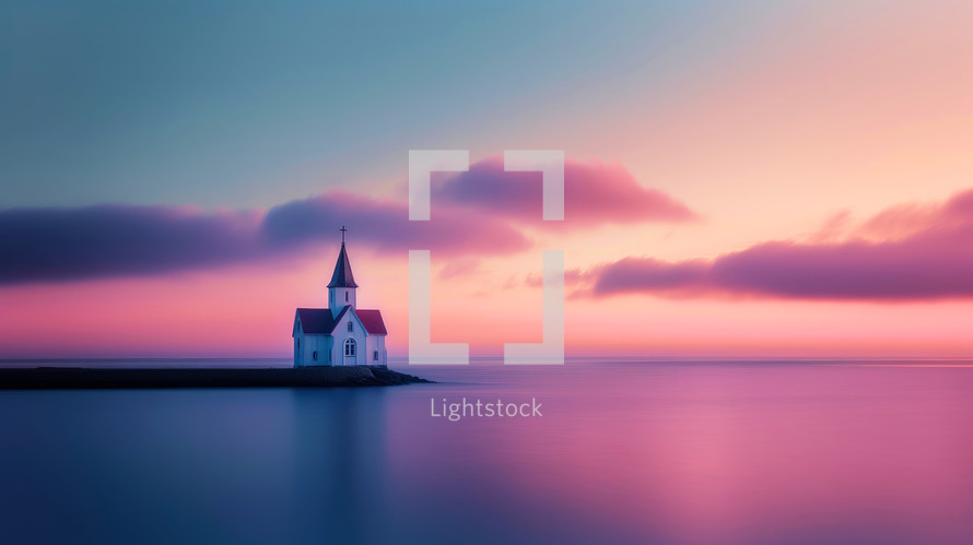  Beautiful seascape with church at sunset. Long exposure.